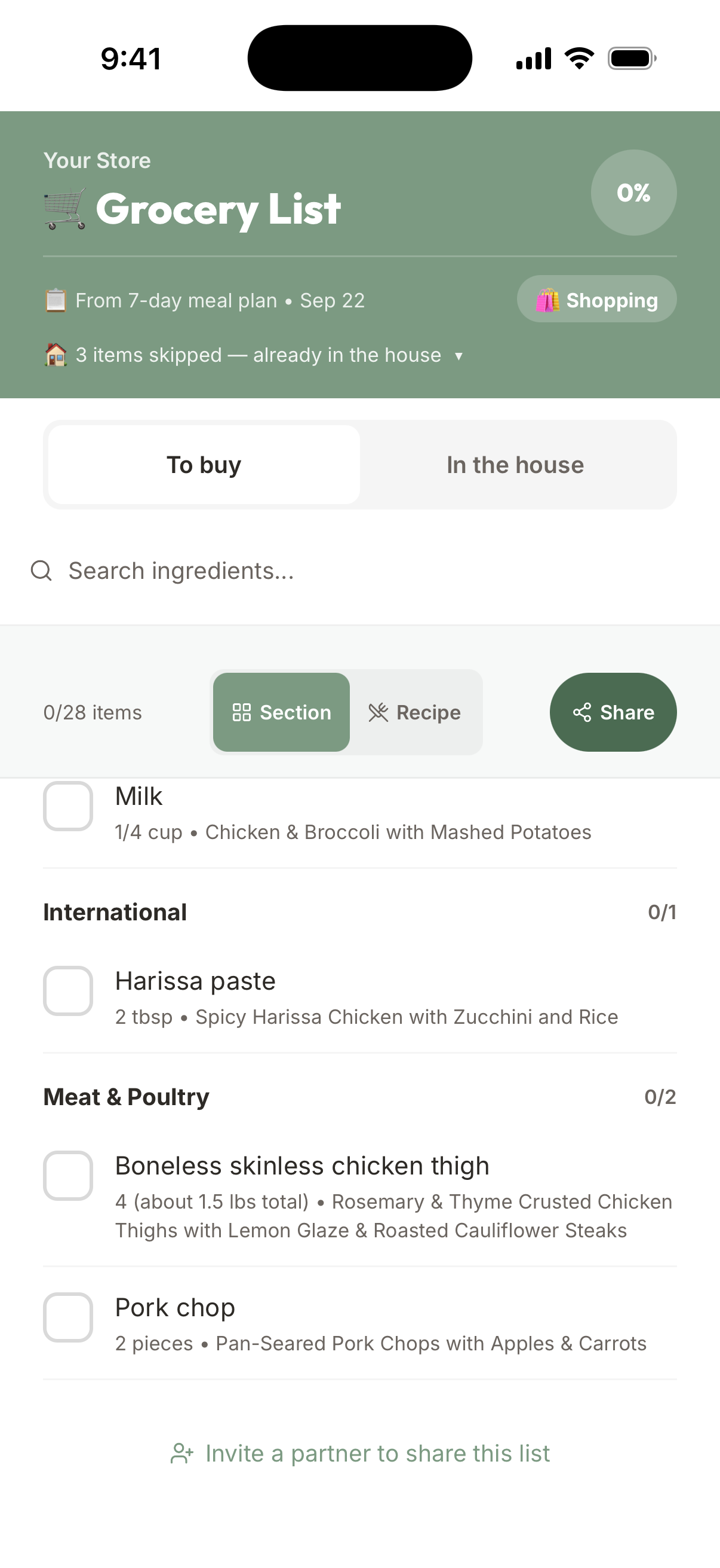 Shop list with To buy and In the house
